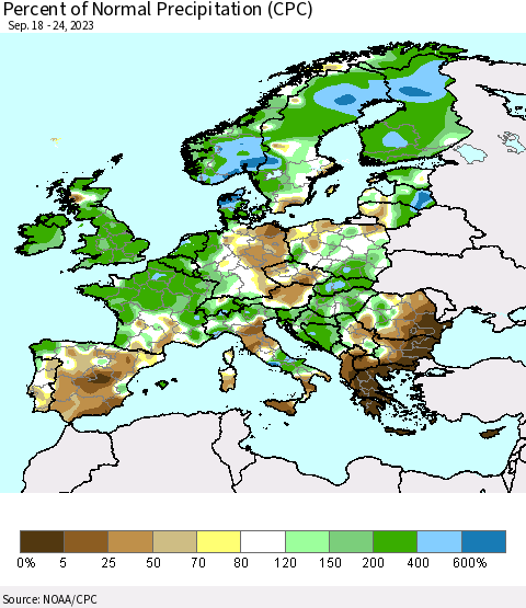 Europe Percent of Normal Precipitation (CPC) Thematic Map For 9/18/2023 - 9/24/2023