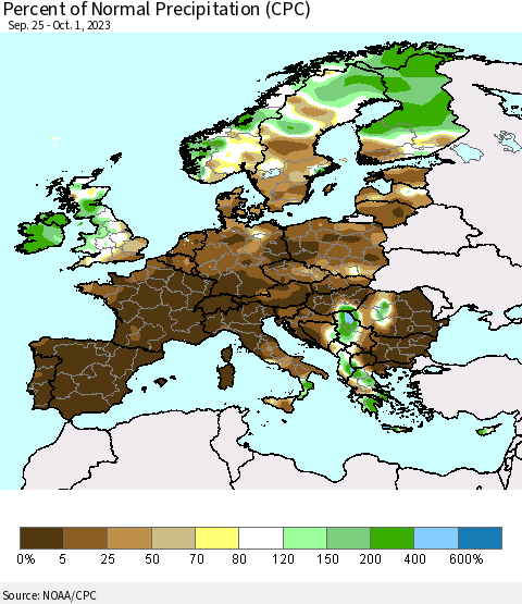 Europe Percent of Normal Precipitation (CPC) Thematic Map For 9/25/2023 - 10/1/2023