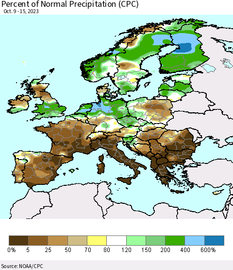 Europe Percent of Normal Precipitation (CPC) Thematic Map For 10/9/2023 - 10/15/2023