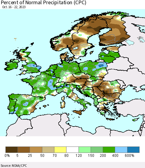 Europe Percent of Normal Precipitation (CPC) Thematic Map For 10/16/2023 - 10/22/2023