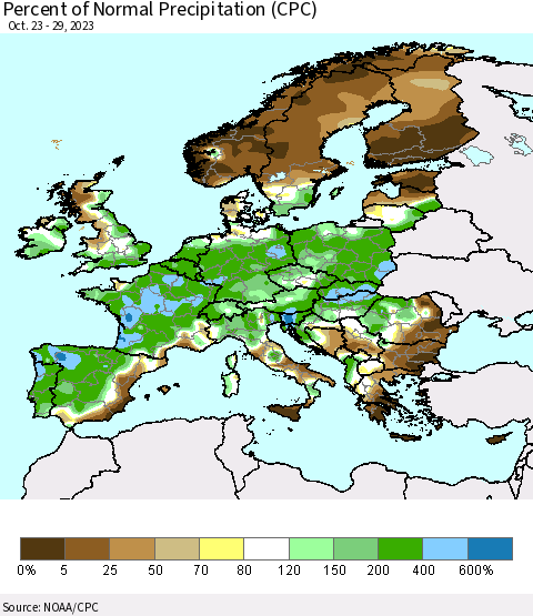 Europe Percent of Normal Precipitation (CPC) Thematic Map For 10/23/2023 - 10/29/2023