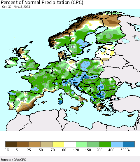 Europe Percent of Normal Precipitation (CPC) Thematic Map For 10/30/2023 - 11/5/2023