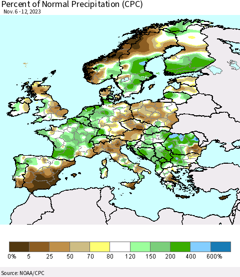 Europe Percent of Normal Precipitation (CPC) Thematic Map For 11/6/2023 - 11/12/2023