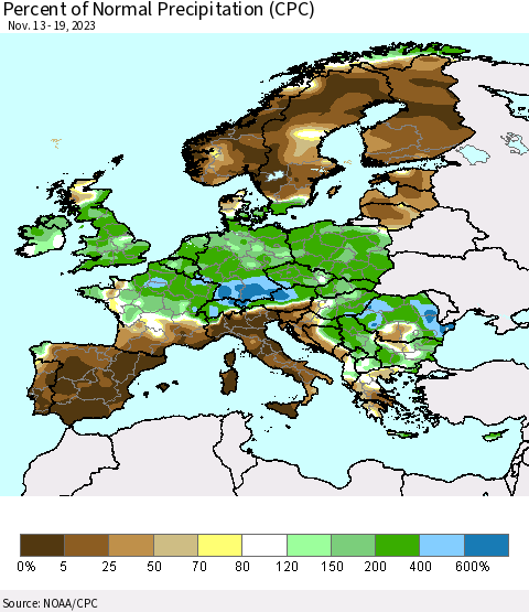 Europe Percent of Normal Precipitation (CPC) Thematic Map For 11/13/2023 - 11/19/2023