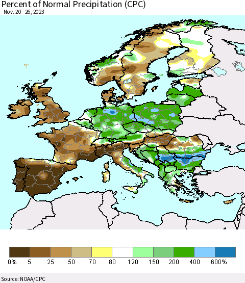 Europe Percent of Normal Precipitation (CPC) Thematic Map For 11/20/2023 - 11/26/2023