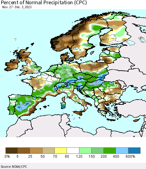 Europe Percent of Normal Precipitation (CPC) Thematic Map For 11/27/2023 - 12/3/2023