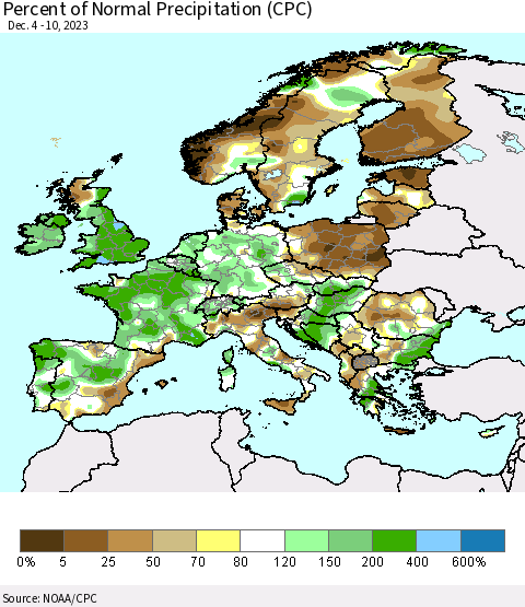 Europe Percent of Normal Precipitation (CPC) Thematic Map For 12/4/2023 - 12/10/2023