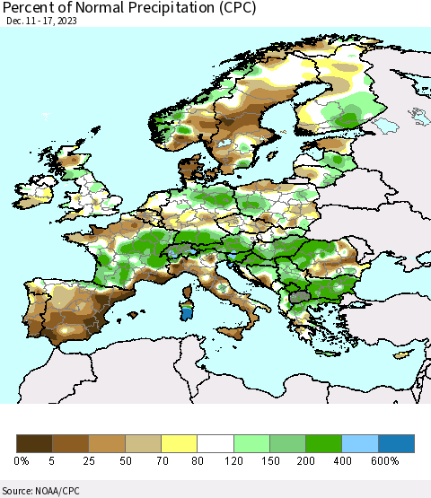 Europe Percent of Normal Precipitation (CPC) Thematic Map For 12/11/2023 - 12/17/2023