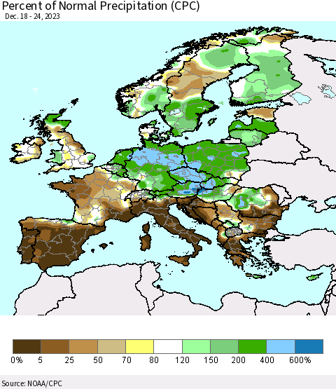 Europe Percent of Normal Precipitation (CPC) Thematic Map For 12/18/2023 - 12/24/2023