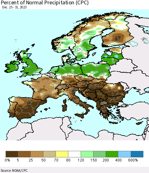Europe Percent of Normal Precipitation (CPC) Thematic Map For 12/25/2023 - 12/31/2023