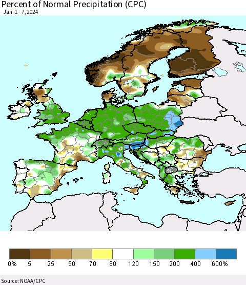Europe Percent of Normal Precipitation (CPC) Thematic Map For 1/1/2024 - 1/7/2024