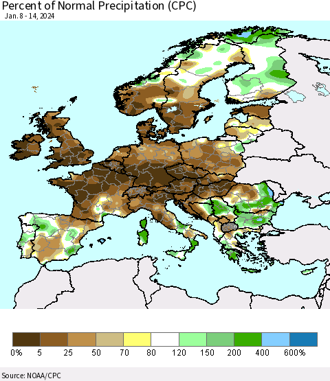 Europe Percent of Normal Precipitation (CPC) Thematic Map For 1/8/2024 - 1/14/2024