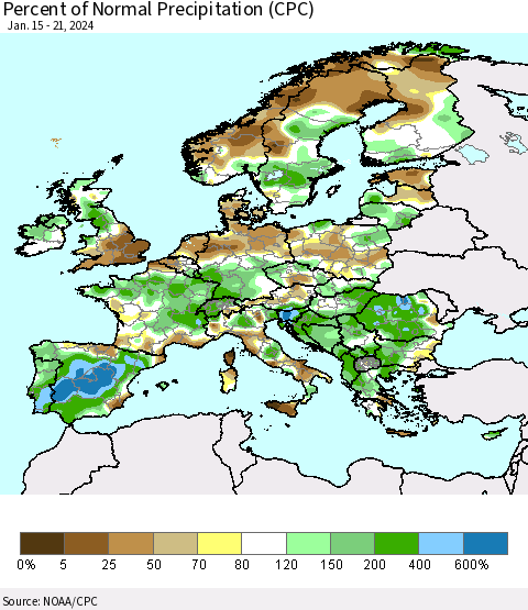 Europe Percent of Normal Precipitation (CPC) Thematic Map For 1/15/2024 - 1/21/2024