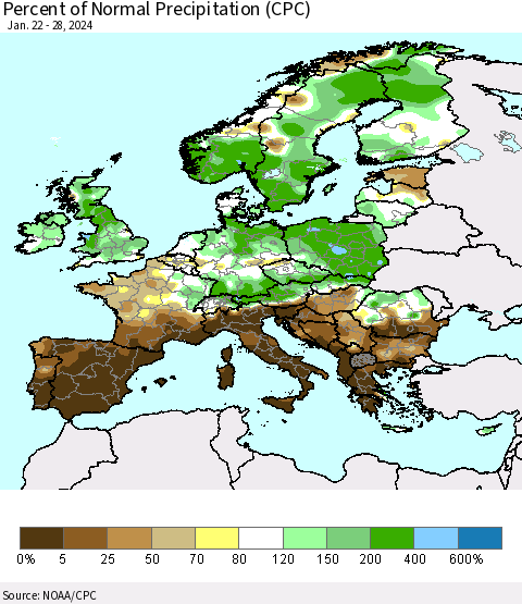 Europe Percent of Normal Precipitation (CPC) Thematic Map For 1/22/2024 - 1/28/2024