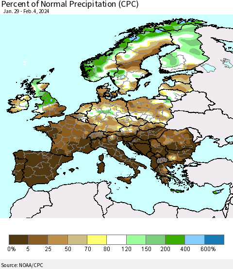 Europe Percent of Normal Precipitation (CPC) Thematic Map For 1/29/2024 - 2/4/2024