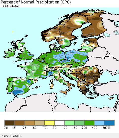 Europe Percent of Normal Precipitation (CPC) Thematic Map For 2/5/2024 - 2/11/2024