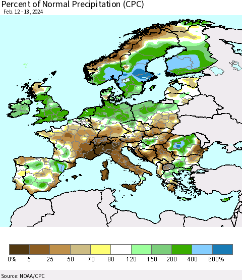 Europe Percent of Normal Precipitation (CPC) Thematic Map For 2/12/2024 - 2/18/2024
