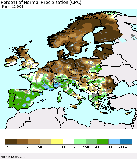 Europe Percent of Normal Precipitation (CPC) Thematic Map For 3/4/2024 - 3/10/2024