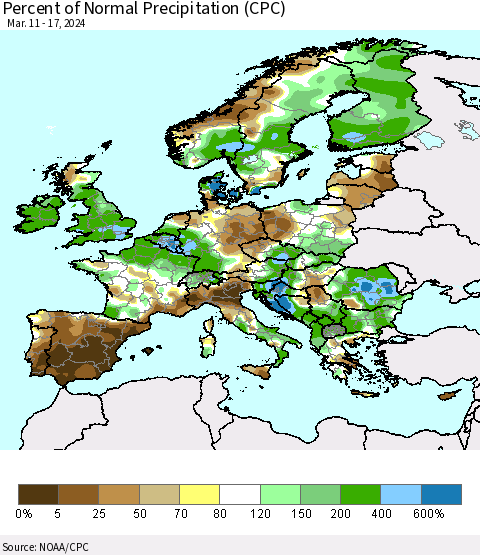 Europe Percent of Normal Precipitation (CPC) Thematic Map For 3/11/2024 - 3/17/2024