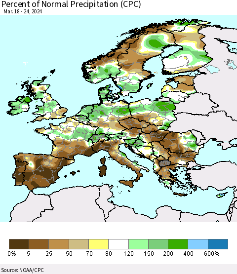 Europe Percent of Normal Precipitation (CPC) Thematic Map For 3/18/2024 - 3/24/2024