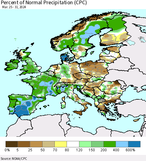 Europe Percent of Normal Precipitation (CPC) Thematic Map For 3/25/2024 - 3/31/2024