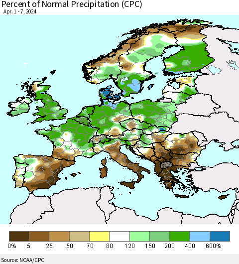Europe Percent of Normal Precipitation (CPC) Thematic Map For 4/1/2024 - 4/7/2024