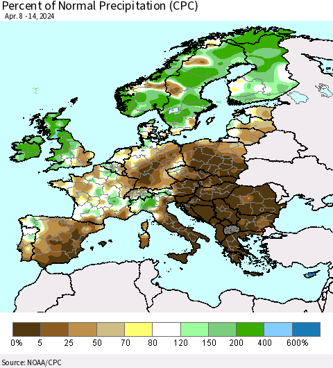 Europe Percent of Normal Precipitation (CPC) Thematic Map For 4/8/2024 - 4/14/2024