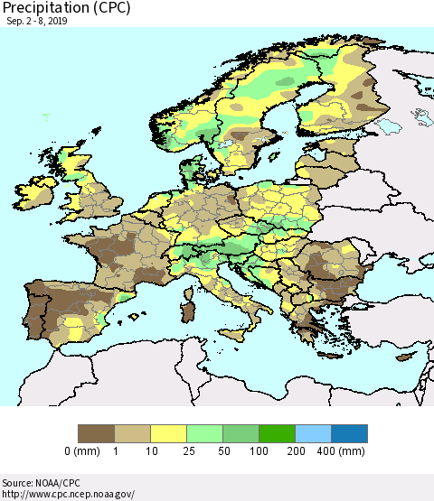 Europe Precipitation (CPC) Thematic Map For 9/2/2019 - 9/8/2019