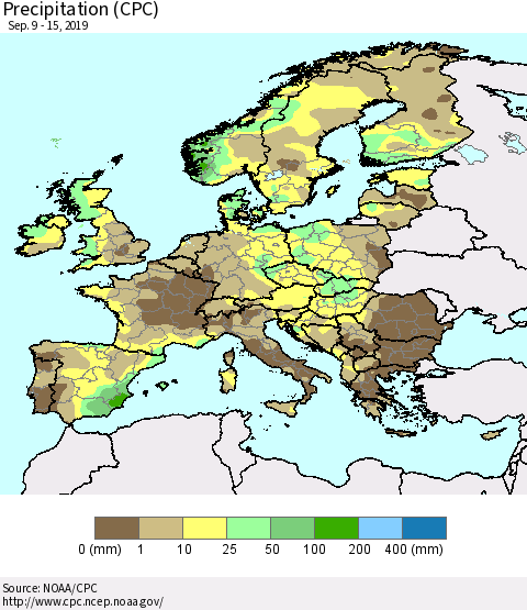 Europe Precipitation (CPC) Thematic Map For 9/9/2019 - 9/15/2019