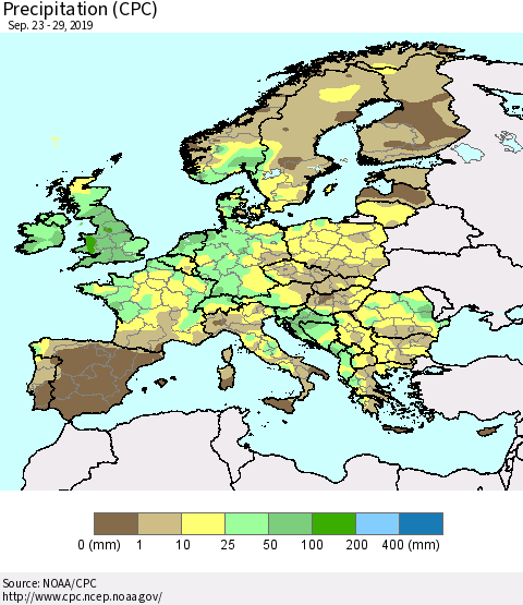 Europe Precipitation (CPC) Thematic Map For 9/23/2019 - 9/29/2019