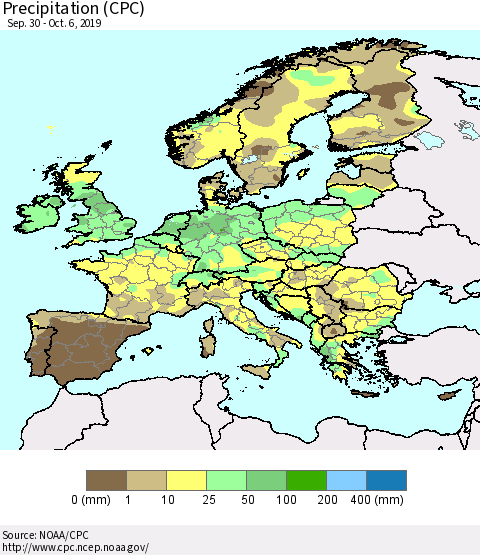 Europe Precipitation (CPC) Thematic Map For 9/30/2019 - 10/6/2019