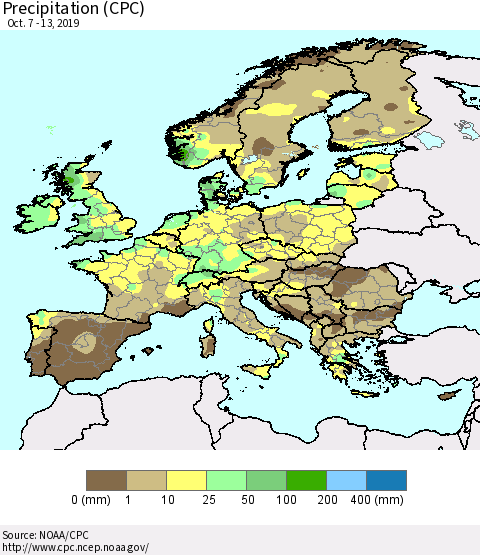 Europe Precipitation (CPC) Thematic Map For 10/7/2019 - 10/13/2019