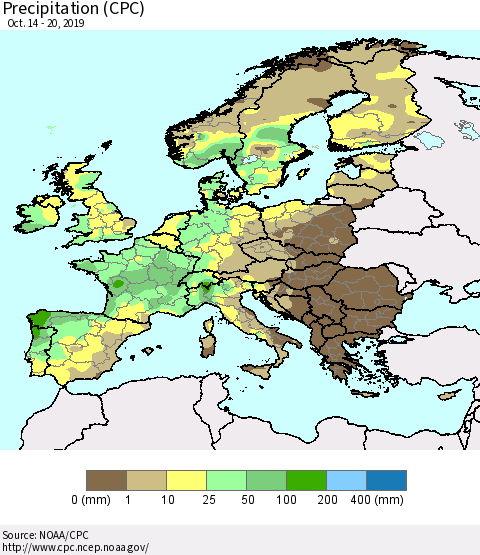Europe Precipitation (CPC) Thematic Map For 10/14/2019 - 10/20/2019