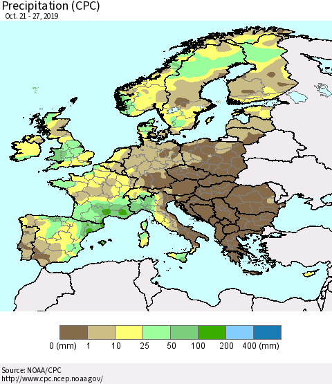 Europe Precipitation (CPC) Thematic Map For 10/21/2019 - 10/27/2019
