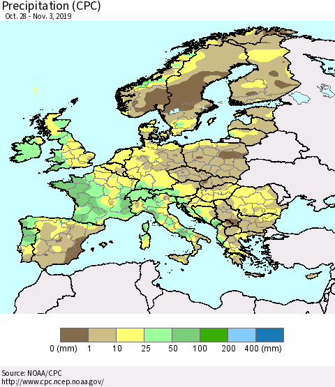 Europe Precipitation (CPC) Thematic Map For 10/28/2019 - 11/3/2019