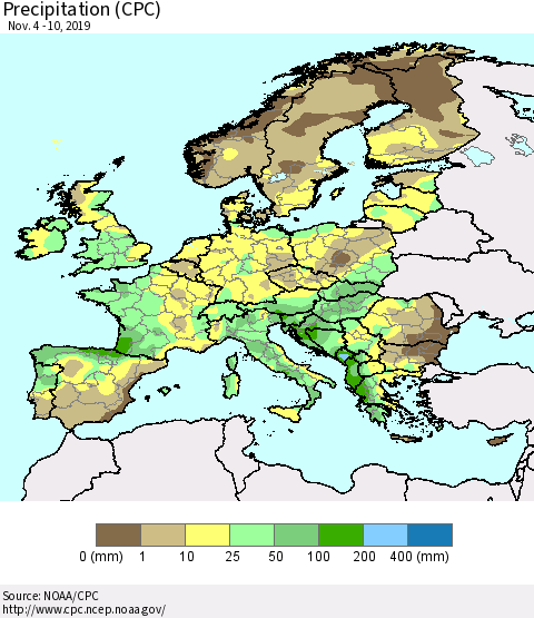 Europe Precipitation (CPC) Thematic Map For 11/4/2019 - 11/10/2019