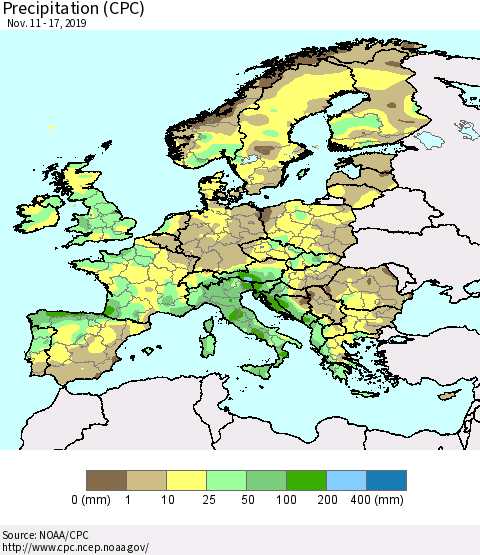 Europe Precipitation (CPC) Thematic Map For 11/11/2019 - 11/17/2019