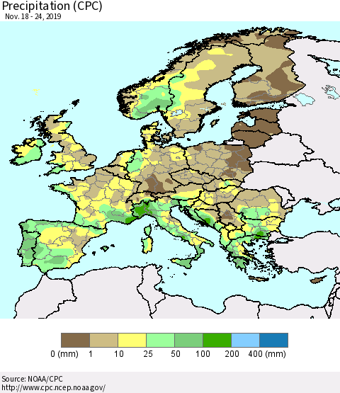Europe Precipitation (CPC) Thematic Map For 11/18/2019 - 11/24/2019