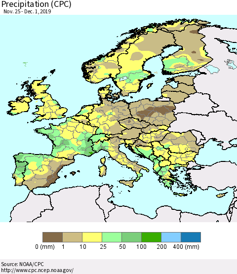 Europe Precipitation (CPC) Thematic Map For 11/25/2019 - 12/1/2019