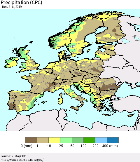 Europe Precipitation (CPC) Thematic Map For 12/2/2019 - 12/8/2019