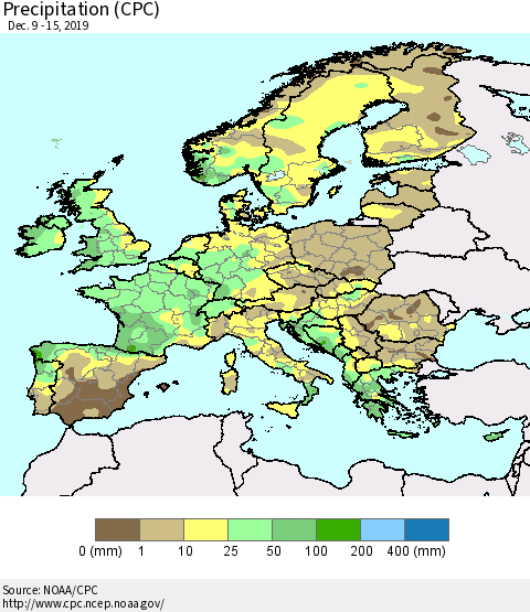 Europe Precipitation (CPC) Thematic Map For 12/9/2019 - 12/15/2019