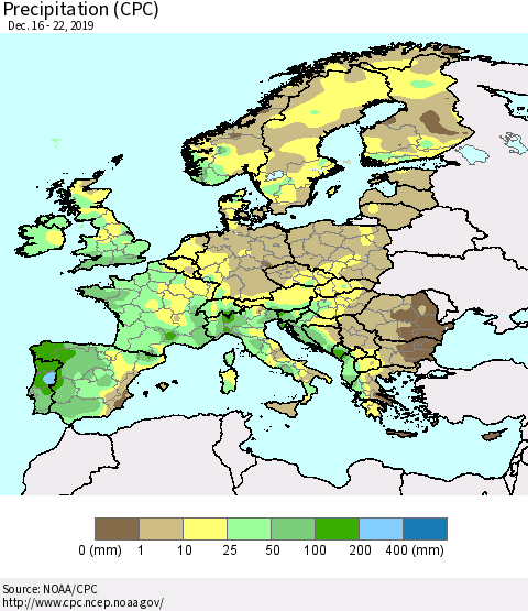 Europe Precipitation (CPC) Thematic Map For 12/16/2019 - 12/22/2019