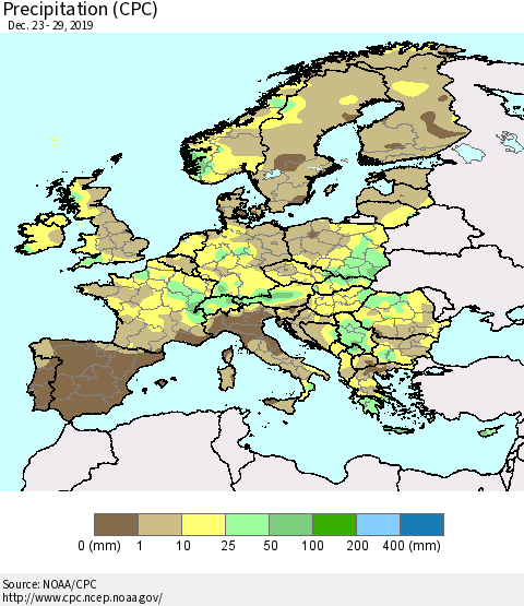 Europe Precipitation (CPC) Thematic Map For 12/23/2019 - 12/29/2019