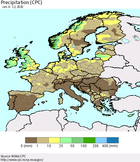Europe Precipitation (CPC) Thematic Map For 1/6/2020 - 1/12/2020