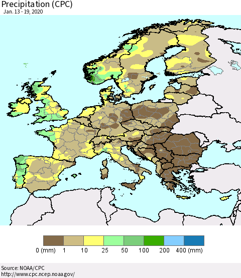 Europe Precipitation (CPC) Thematic Map For 1/13/2020 - 1/19/2020