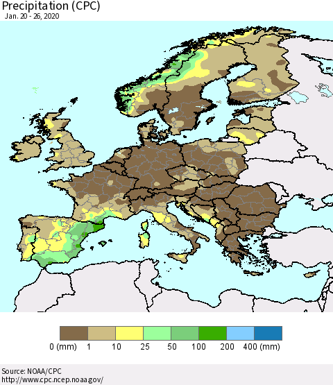 Europe Precipitation (CPC) Thematic Map For 1/20/2020 - 1/26/2020