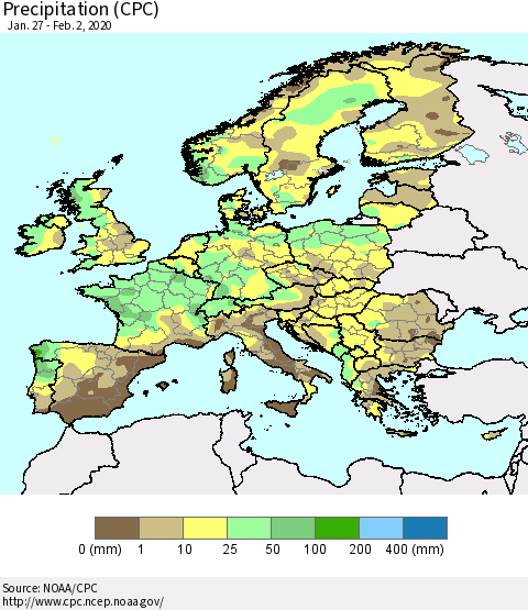 Europe Precipitation (CPC) Thematic Map For 1/27/2020 - 2/2/2020