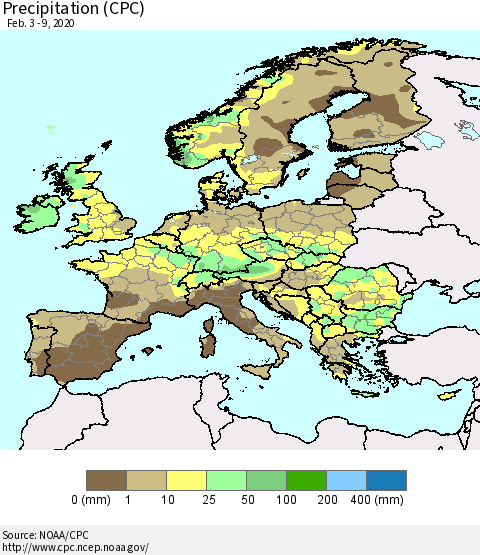 Europe Precipitation (CPC) Thematic Map For 2/3/2020 - 2/9/2020