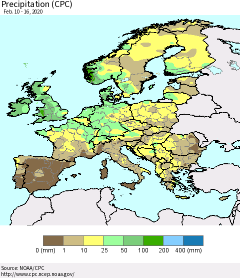 Europe Precipitation (CPC) Thematic Map For 2/10/2020 - 2/16/2020
