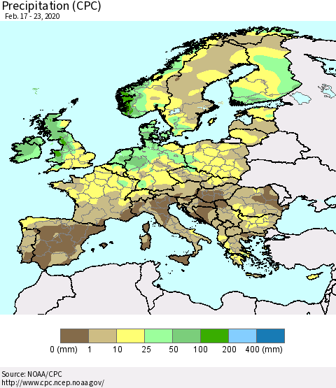 Europe Precipitation (CPC) Thematic Map For 2/17/2020 - 2/23/2020